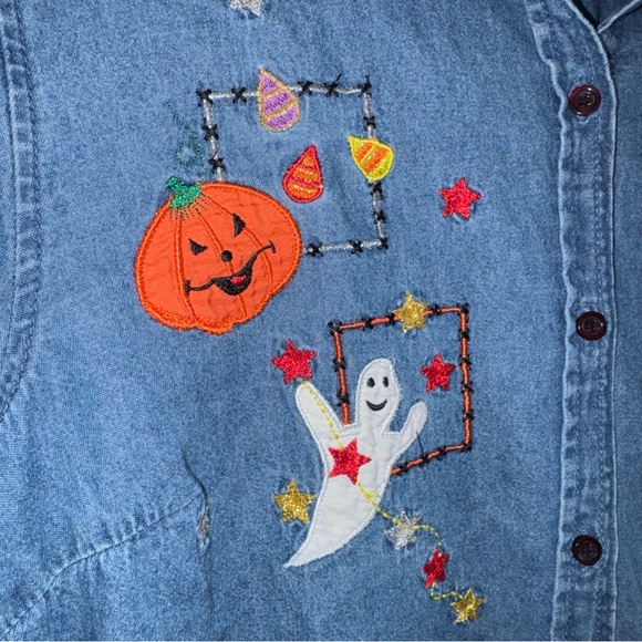 Vintage White Stag Shirt Womens 16W Blue Denim Halloween Embroidered Button Plus - Picture 4 of 11